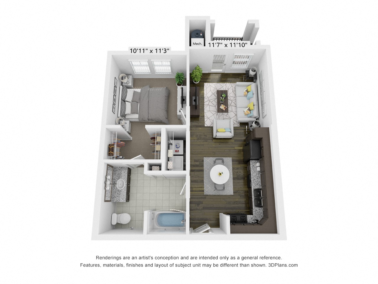 Floor plan for 1 bed, 1 bath, 653 sqft
